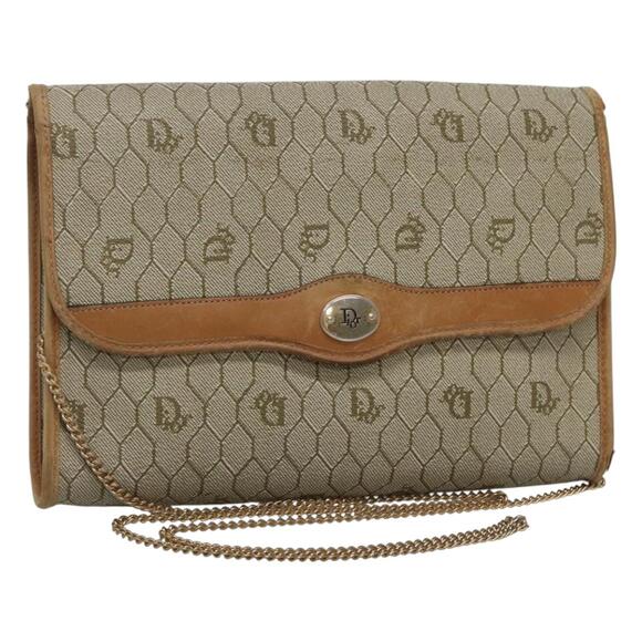 DIOR Honeycomb Canvas Chain Shoulder Bag Pvc Leather Beige - Picture 1 of 12